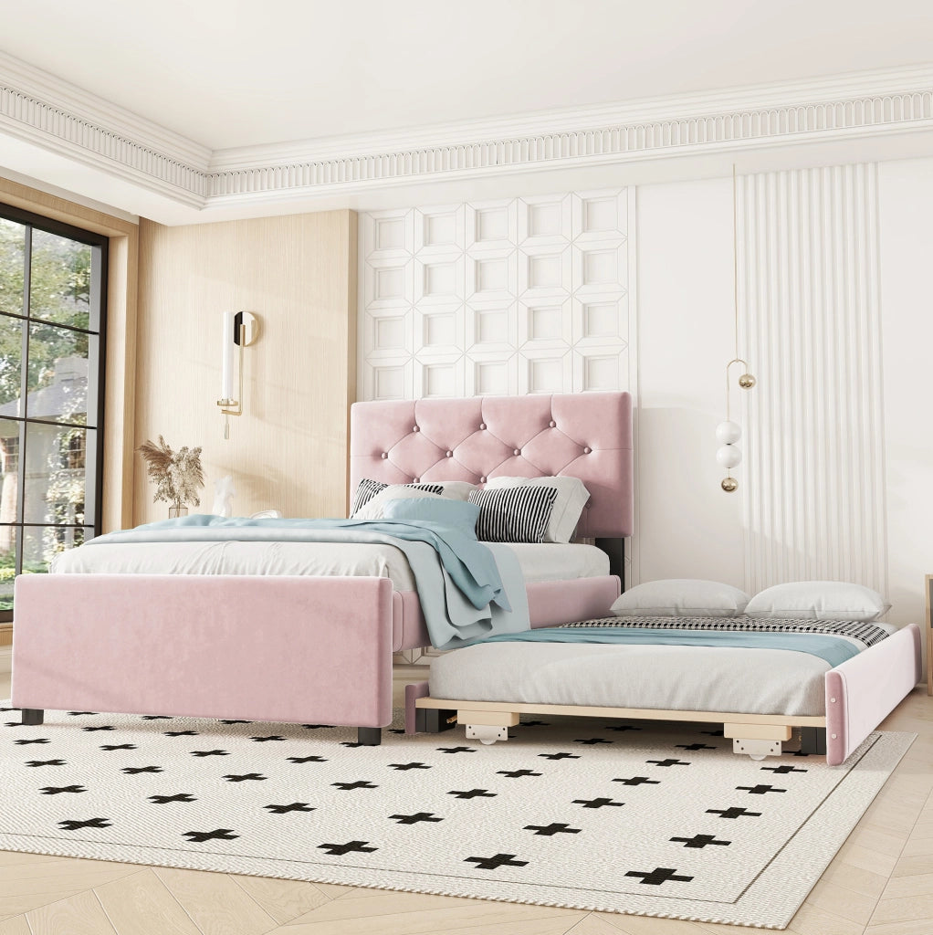 LETTO Imbottito 90x200 cm Velluto Rosa con letto estraibile e rete a doghe