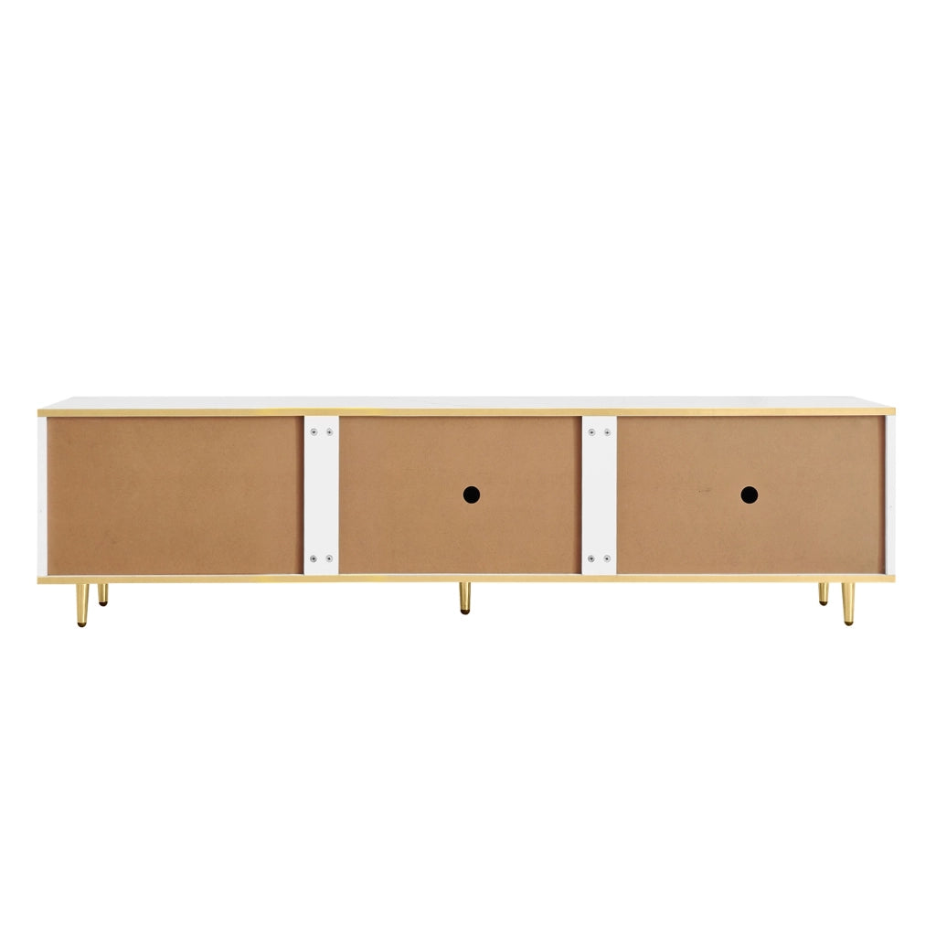 Mobile TV con 2 cassetti e 2 vani chiusi, ante scolpite, piedi rialzati, bianco e oro, 170 × 37 × 45 cm