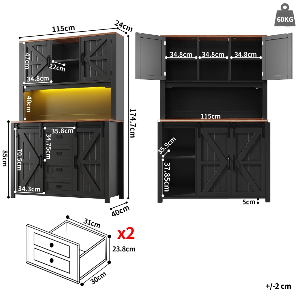 Credenza cucina 115x40x174,7 cm con luci LED, ante scorrevoli e ripiani regolabili in MDF