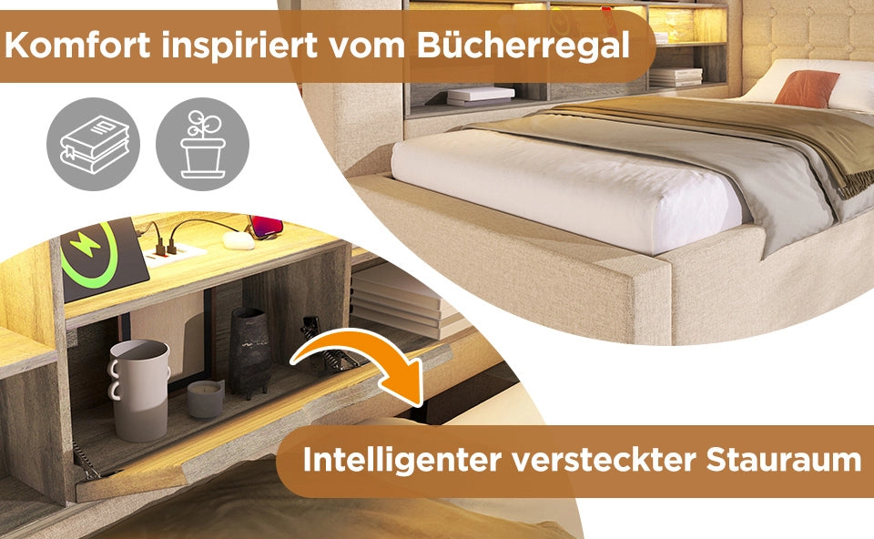 Letto Singolo 90x190 cm con LED, Spazio di Stoccaggio Idraulico e Testiera L-Forma Rivestita in Lino Beige, Montaggio Laterale Flessibile, Senza Materasso