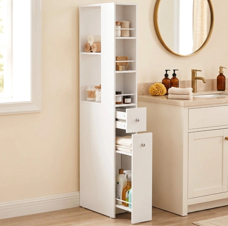 Armadio bagno alto slim 135 cm con 2 cassetti, 2 ripiani laterali e 3 scomparti, bianco