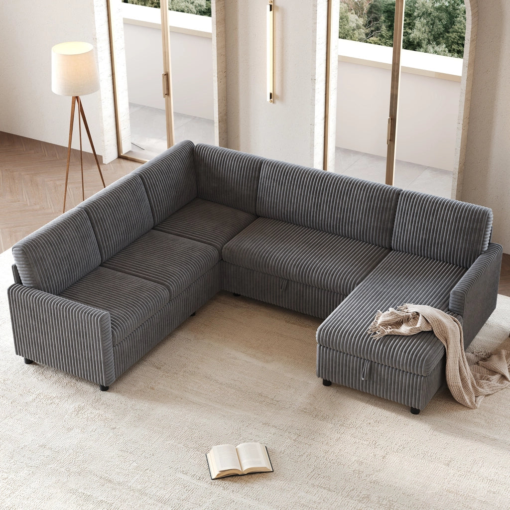 Divano panoramico a U con funzione letto estraibile e vano contenitore, in velluto a coste grigio, 274 × 220 × 85 cm
