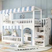 Letto a castello per bambini 90x200 cm con scala contenitore e sponde di sicurezza; bianco e blu