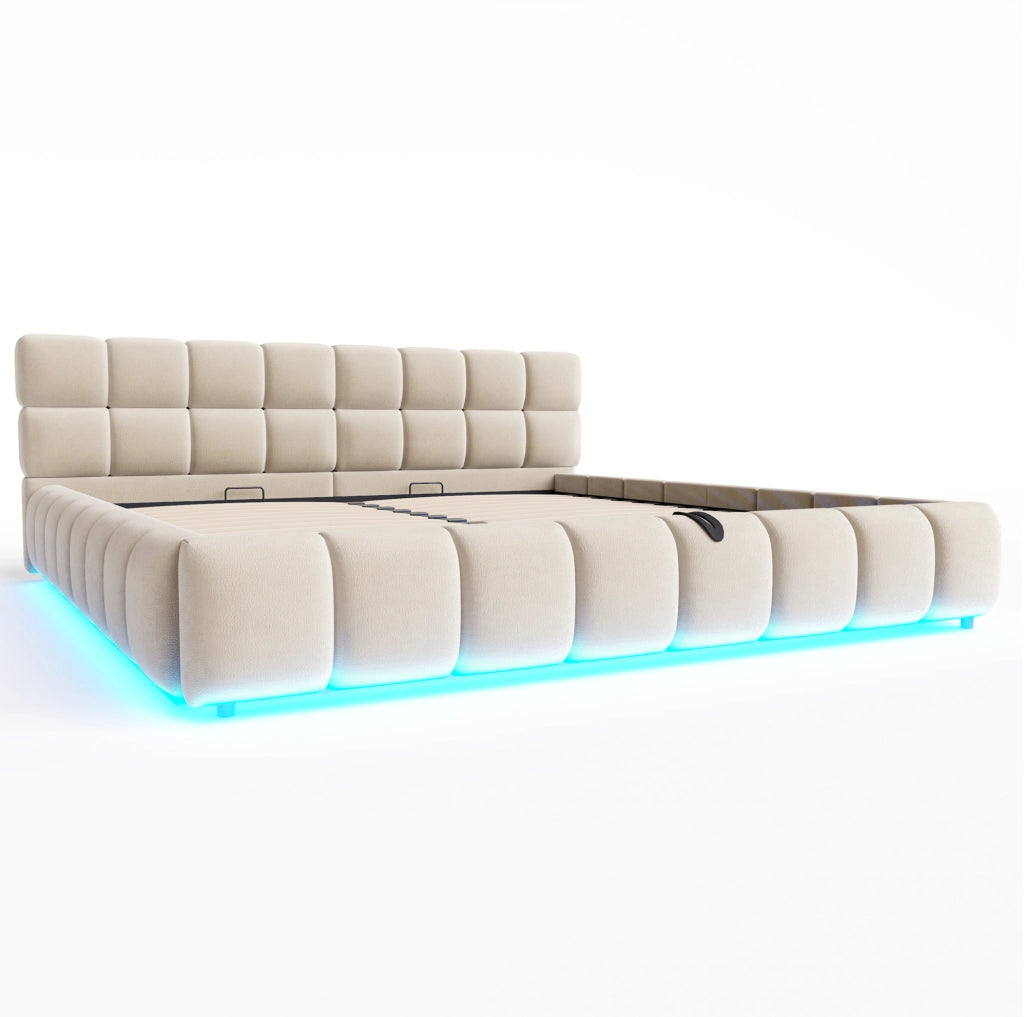 Letto imbottito 180x200 cm in velluto beige con contenitore idraulico e LED