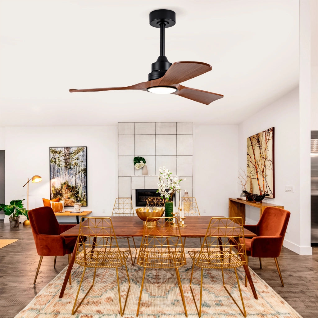 Ventilatore da soffitto con luce LED integrata; motore DC reversibile; pale in ABS nero e noce scuro