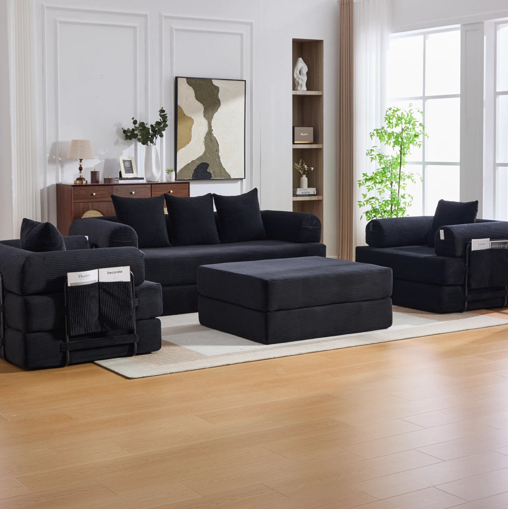 Divano modulare in corduroy con pouf; nero