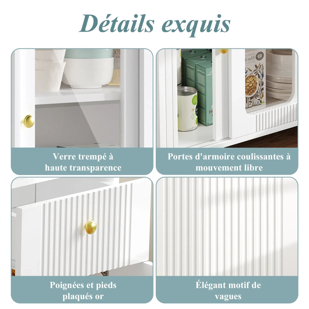 Credenza moderna bianca con ante scorrevoli in vetro e motivo ondulato, piano tavolo ribaltabile ed estensibile con superficie girevole, gambe in metallo oro. Per cucina e sala da pranzo
