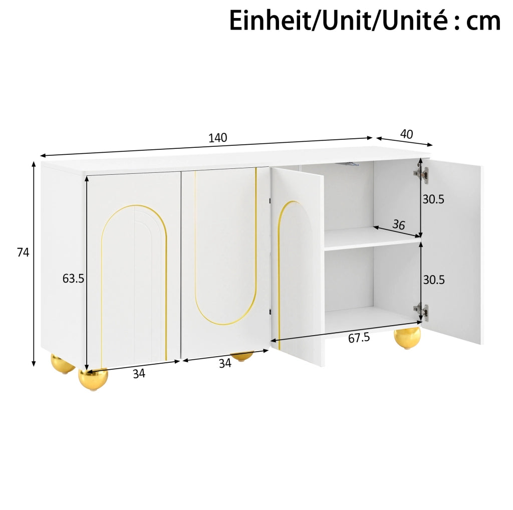 Sideboard bianco 4 ante con decoro dorato, 140x40x74 cm