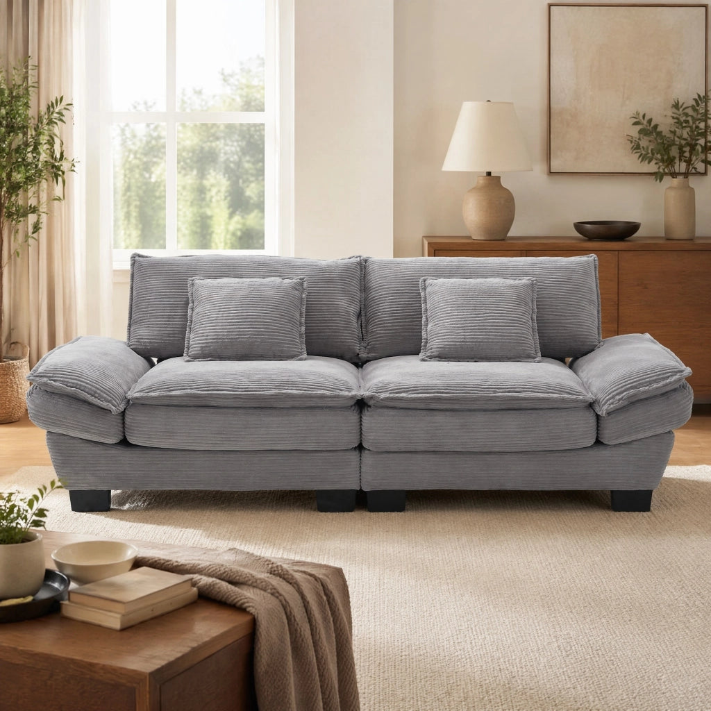 Divano a 2 posti in velluto; seduta profonda 224x81x81 cm; grigio chiaro
