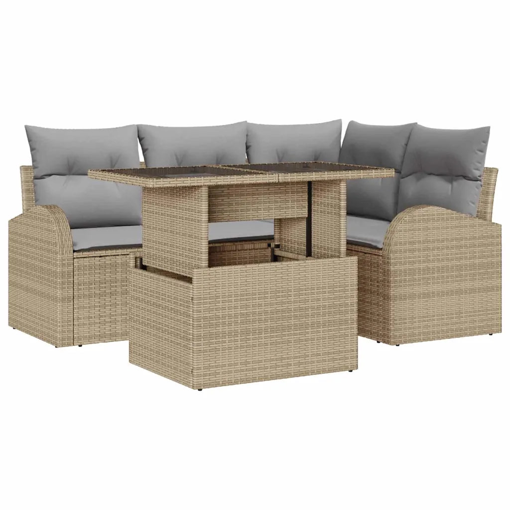 Set Divano da Giardino con cuscino 5 pcs Beige polyrattan
