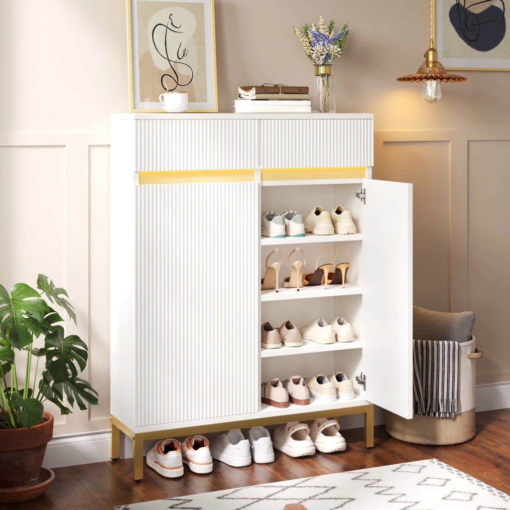 Scarpiera LED con 2 cassetti, 2 ante e ripiani regolabili per ingresso, bianca con gambe dorate, 80 × 35 × 103 cm