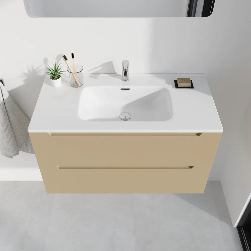 Mobile bagno sospeso 100cm sabbia opaco due cassetti soft-close con lavabo bianco lucido | Bako