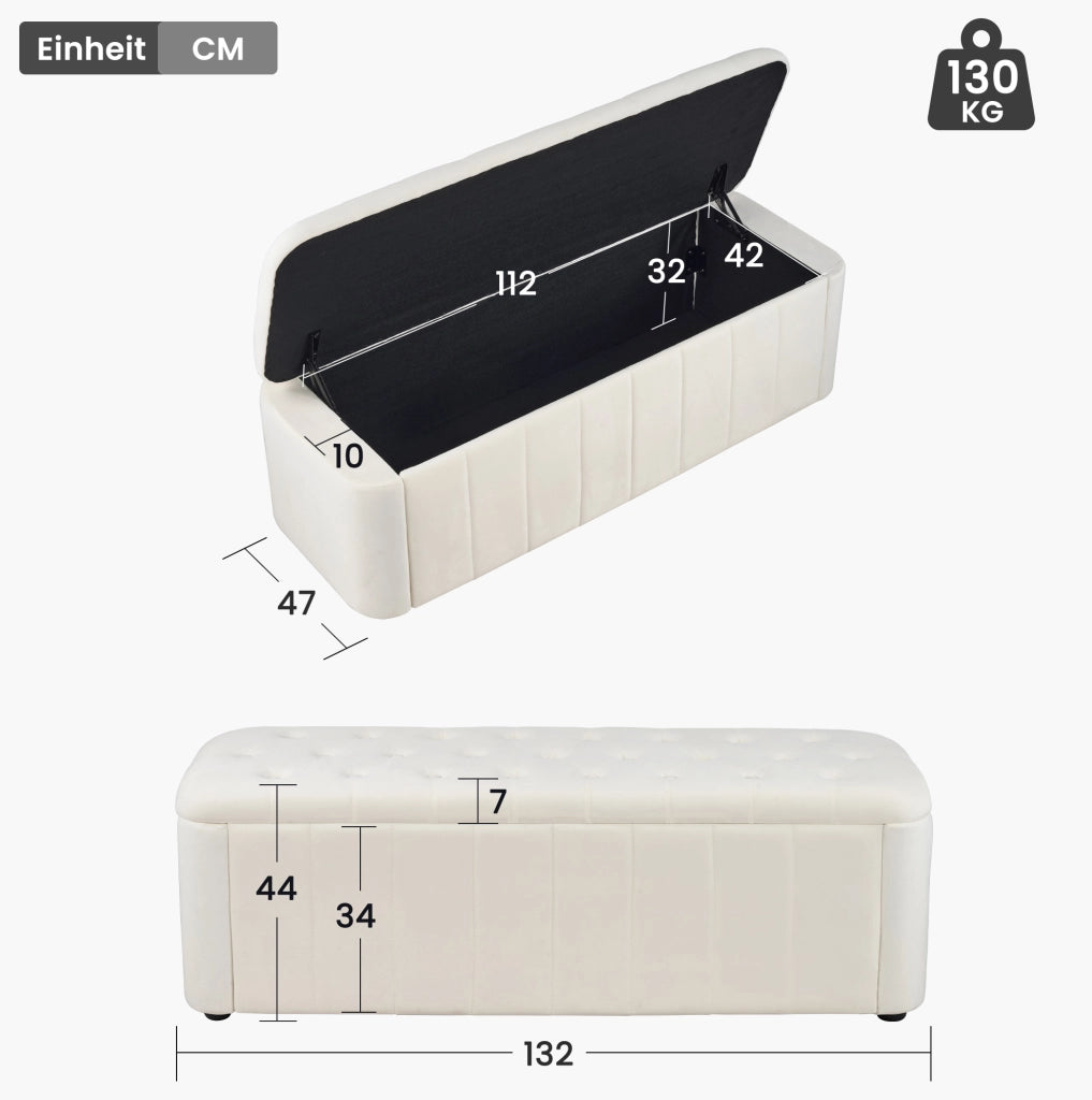 Panca contenitore ULEVR in velluto beige con seduta imbottita rimovibile e trapuntatura a bottoni