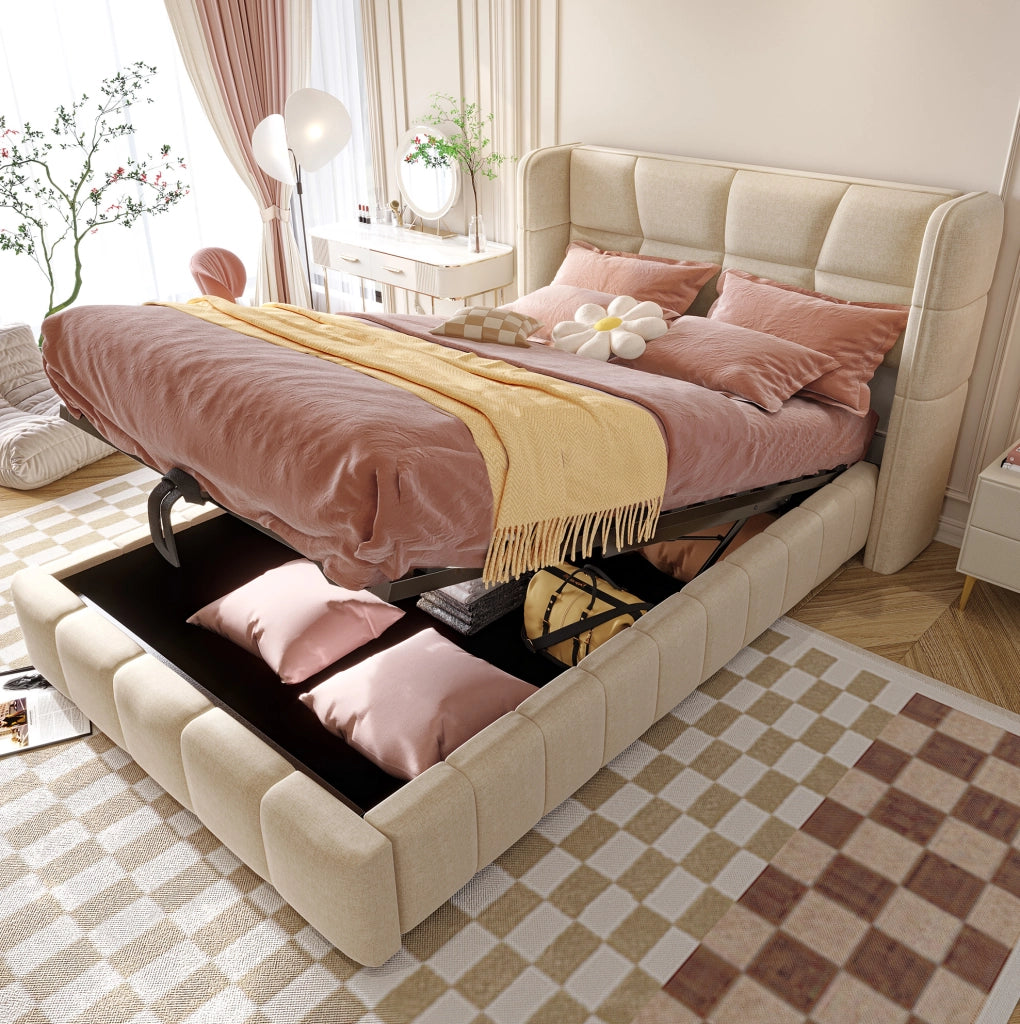 Letto imbottito 90x200 cm beige con contenitore e sollevamento