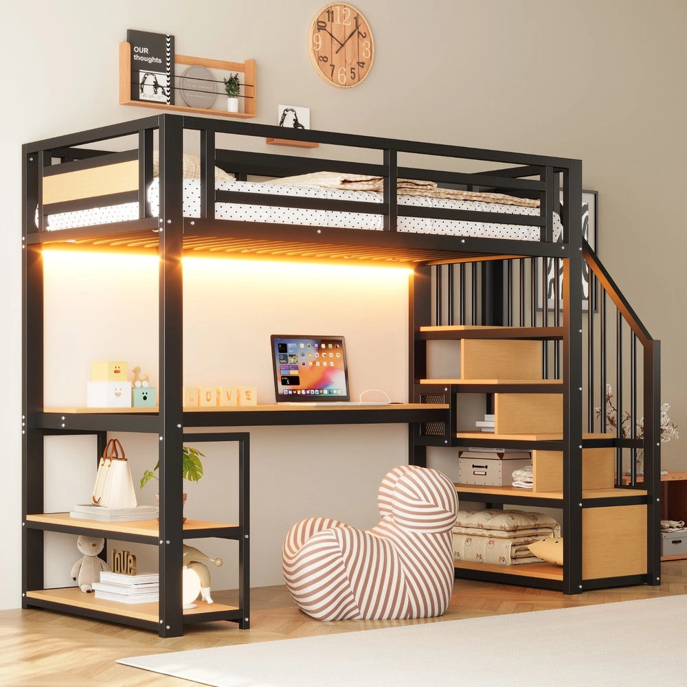 Letto a Soppalco in Metallo con LED, Presa, Ripiani e Tavolo ¨C Xylo ¨C Nero 90x200