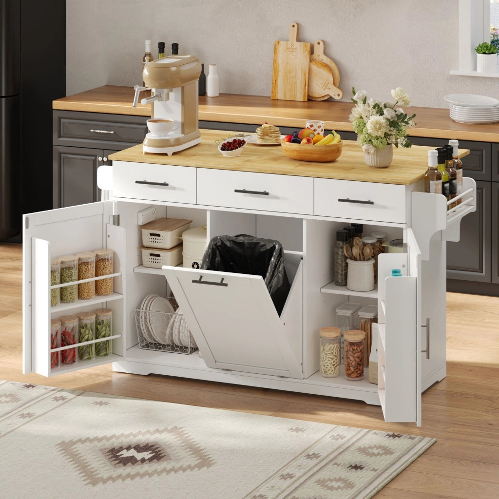 Isola da cucina mobile, carrello da cucina, credenza, piano di lavoro pieghevole, 3 cassetti, mobile con cestino dei rifiuti,, bianco e legno naturale