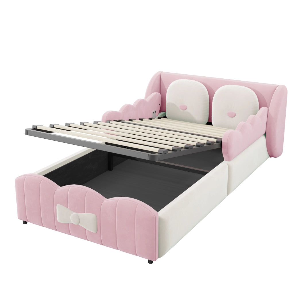 Letto imbottito per bambini 90 x 200 cm; contenitore idraulico; velluto rosa per cameretta