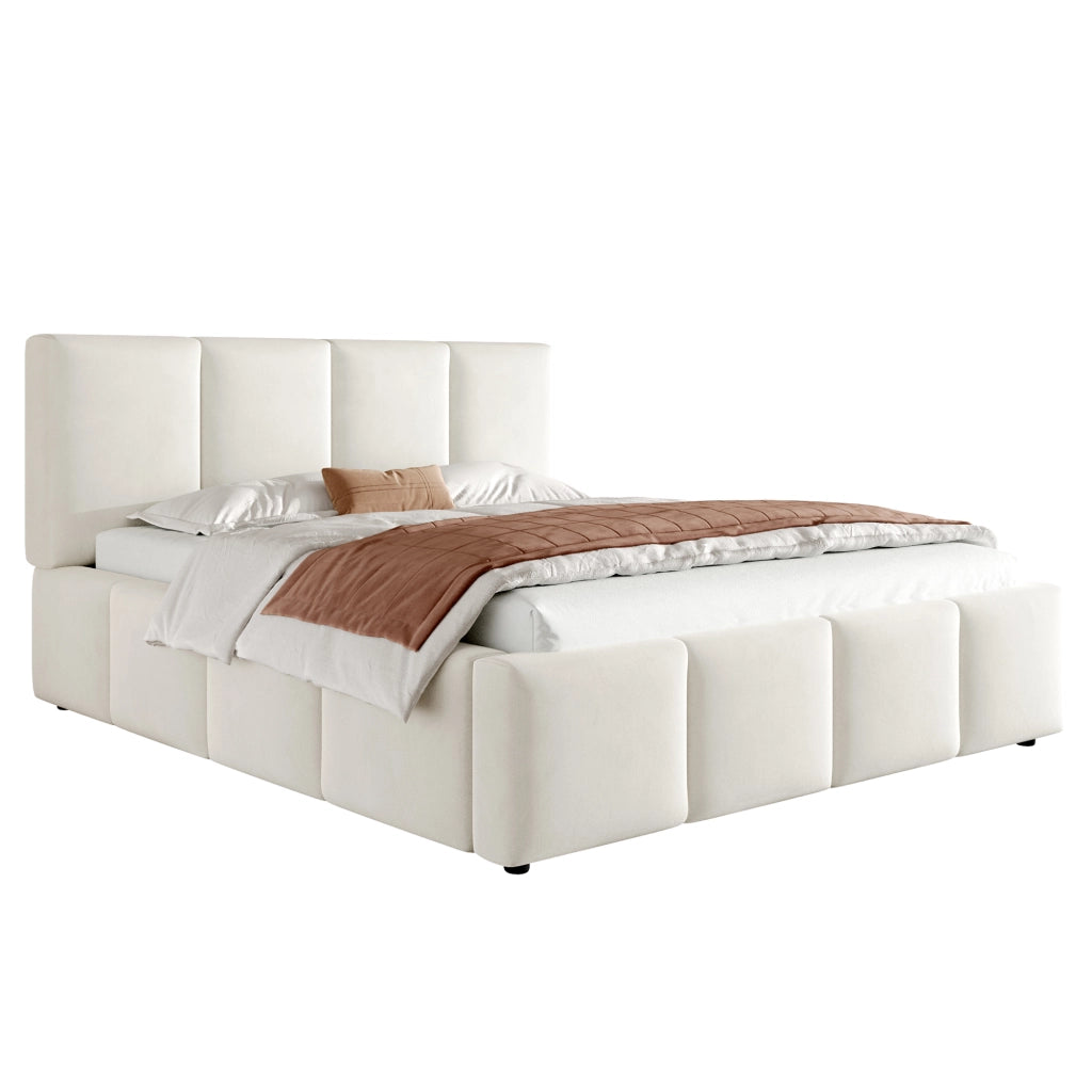 Letto imbottito 180 x 200 cm con testiera 11 cm e rete a doghe, letto matrimoniale in ciniglia beige, design a linee verticali