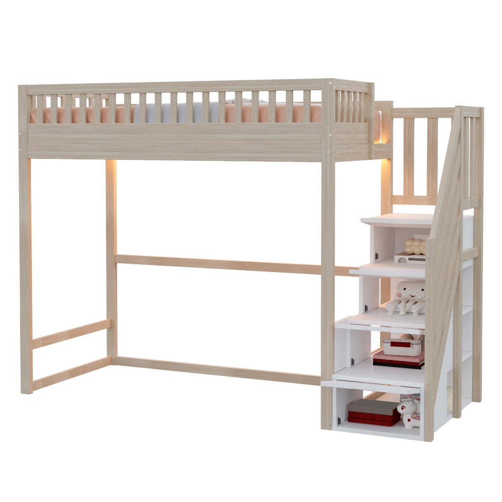 Letto a soppalco con scala reversibile con contenitore LED in legno