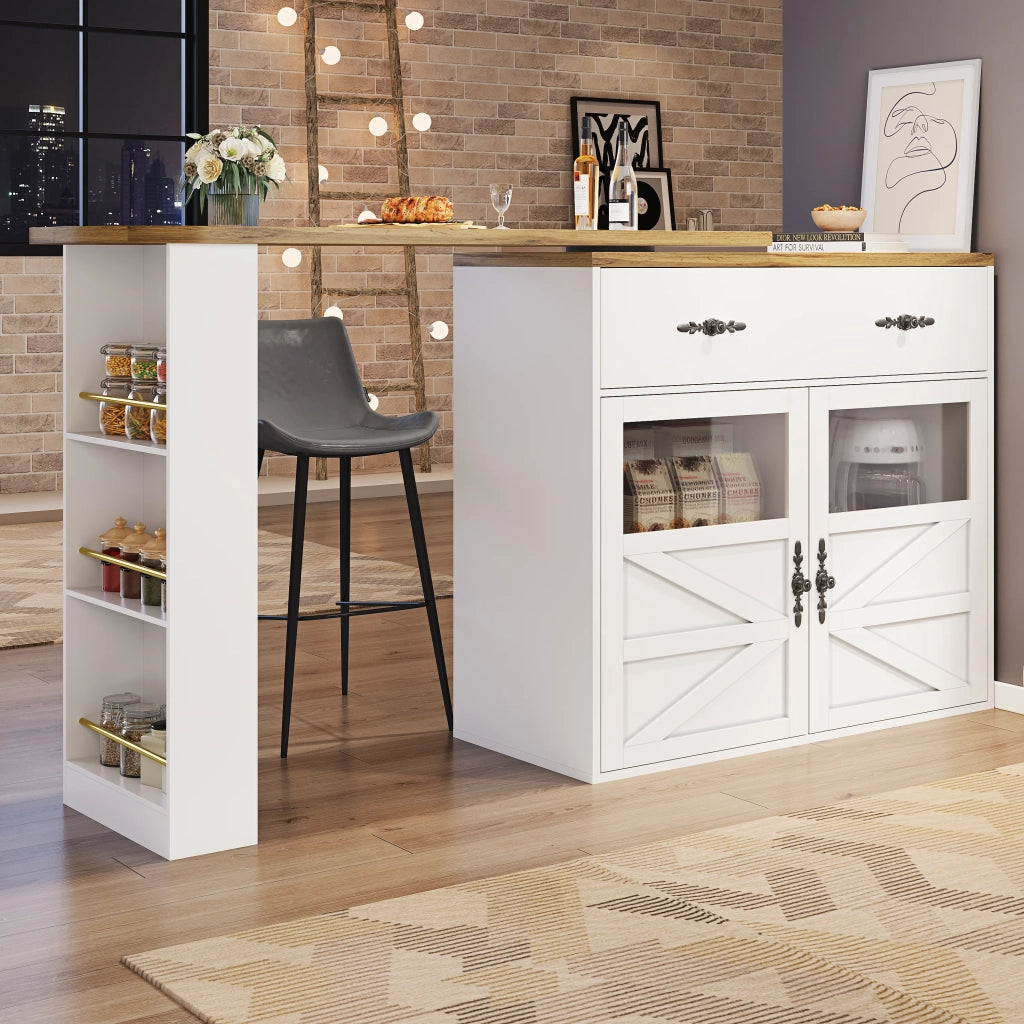 Tavolo bar allungabile bianco con ripiani, 138-204x39x104 cm, piano girevole a 360°, mobile alto moderno per cucina e bistrot