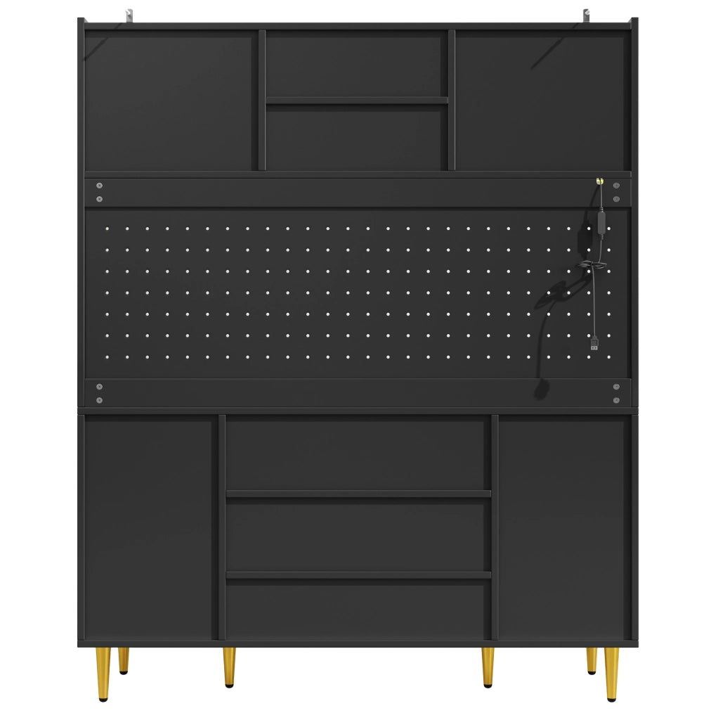 Credenza buffet da cucina 140x40x180 cm con LED, ante scorrevoli in vetro e pannello forato nera HAVRYA
