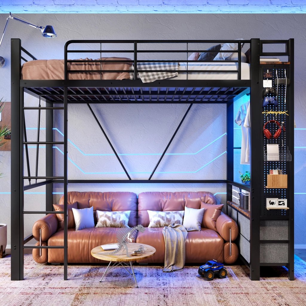 Letto a soppalco 90 × 200 cm con 4 cassetti ripiani barra appendiabiti LED prese USB Type-C metallo nero