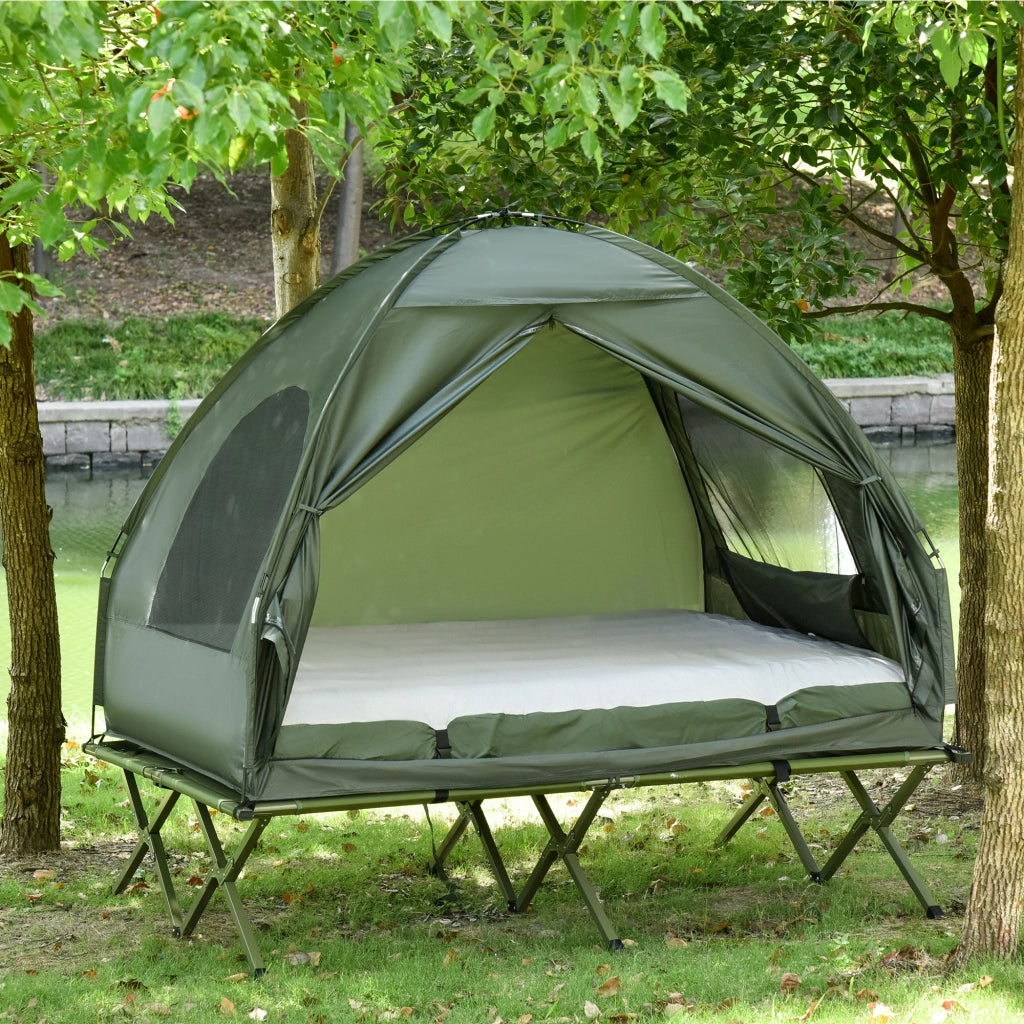 Set da campeggio per 2 persone con tenda; brandina rialzata; materasso ad aria e pompa; verde
