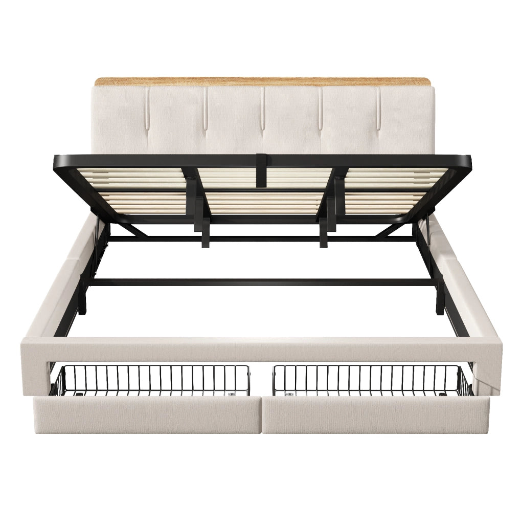 Letto imbottito 180 × 200 cm con contenitore idraulico; cassetti; LED; USB e Type-C; lino beige