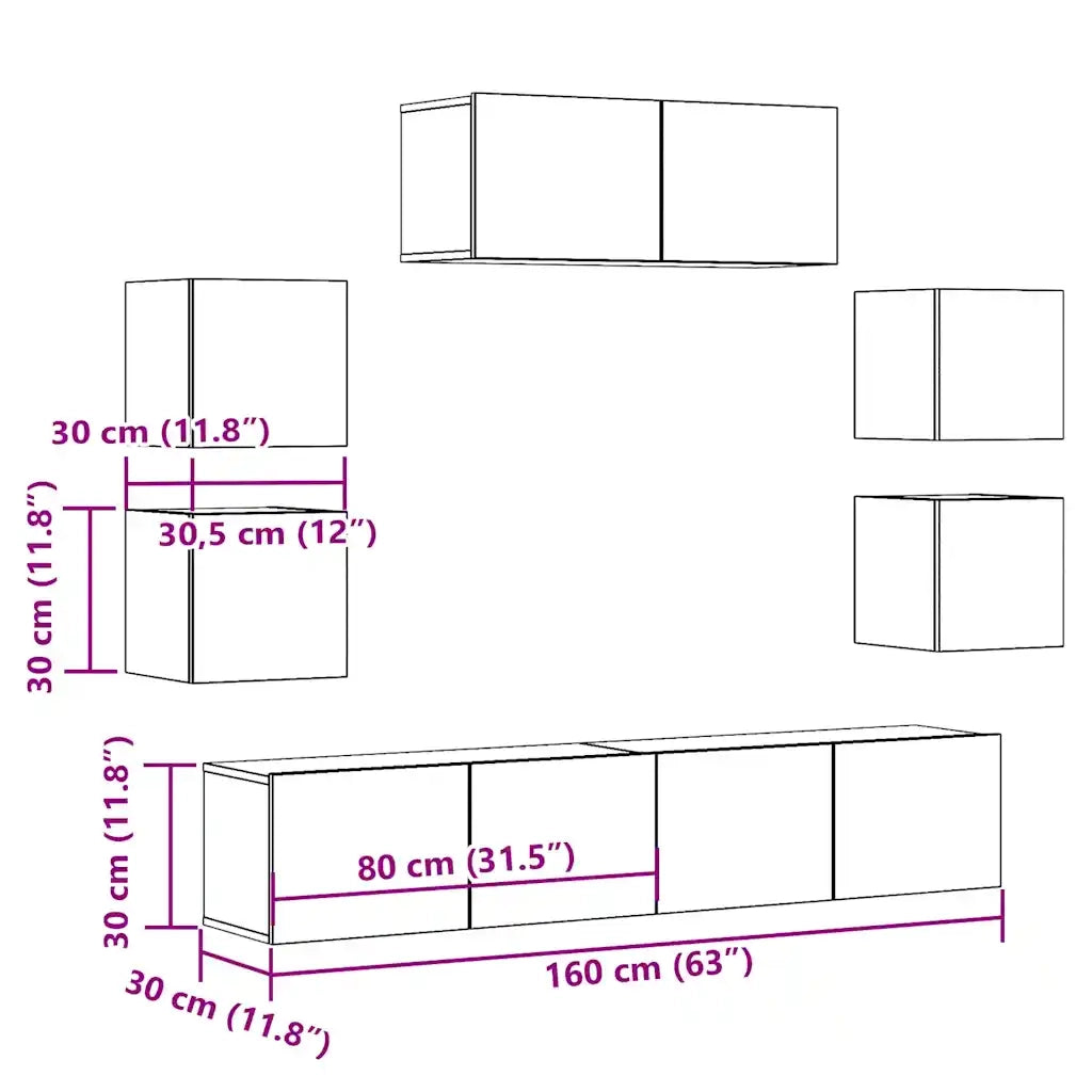 Set Mobile TV 7 pz Montato a Parete Rovere in Legno Multistrato 3329014