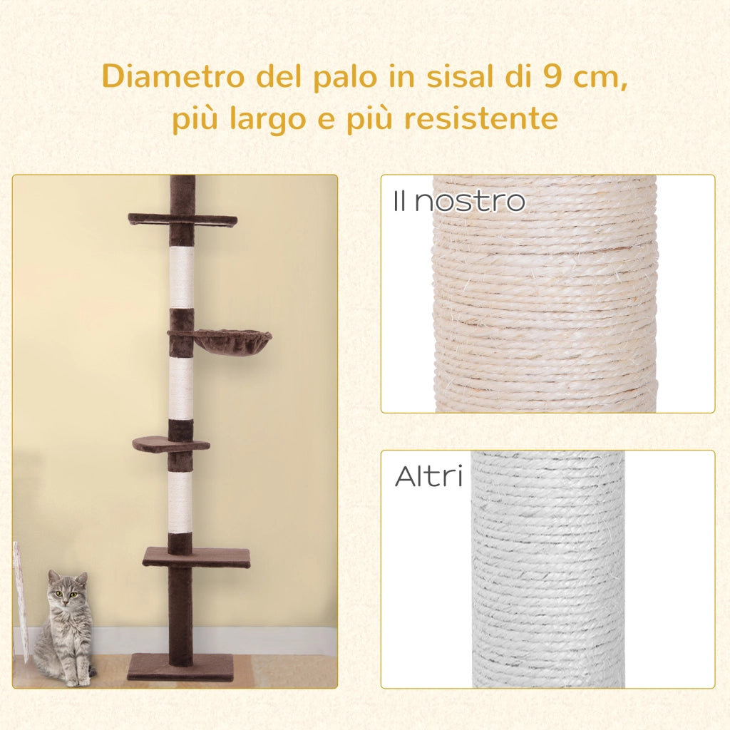 Albero tiragraffi multilivello a soffitto per gatti in sisal e peluche marrone con amaca regolabile 40x34x230-260cm
