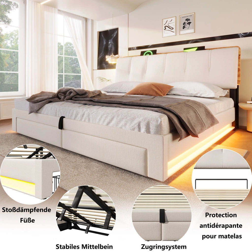 Letto contenitore 180 × 200 cm matrimoniale con 2 cassetti; USB; Type-C e LED regolabile; senza materasso; beige