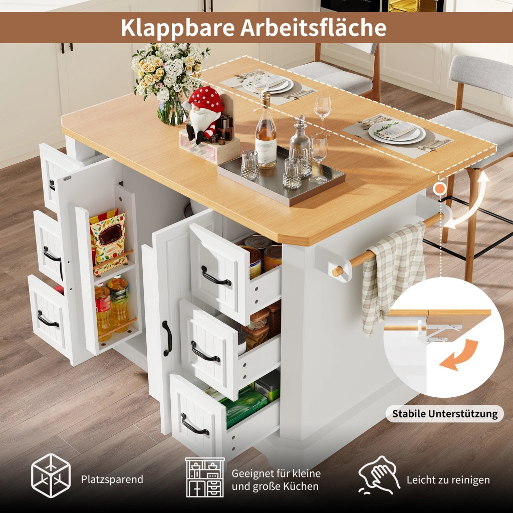 Isola da cucina mobile con 2 ante e 6 cassetti su 5 ruote in MDF e metallo bianco 120 × 45 × 91 cm