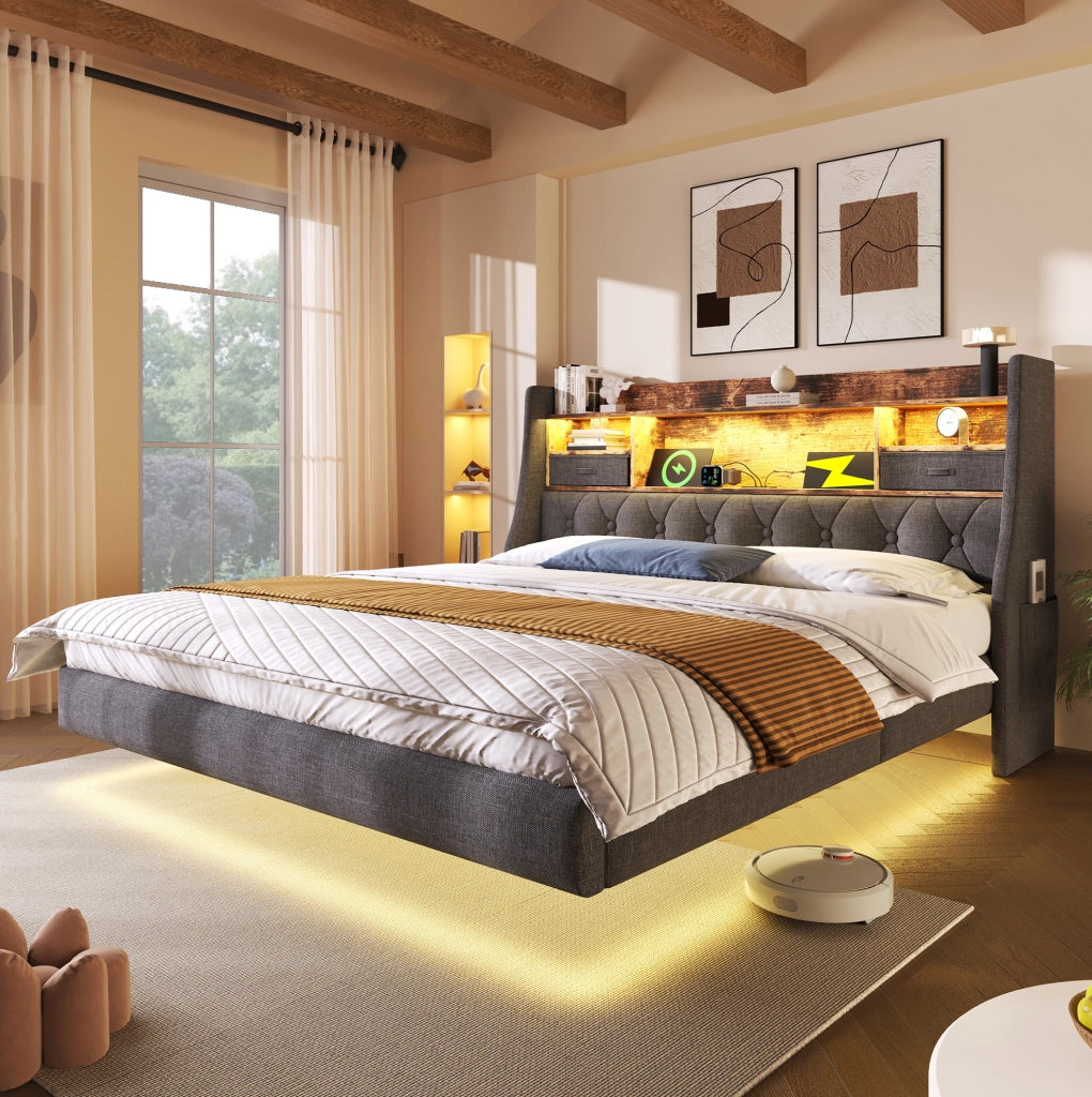 Letto imbottito 160x200 cm con LED; testiera con ripiano e ricarica USB Type-C; grigio