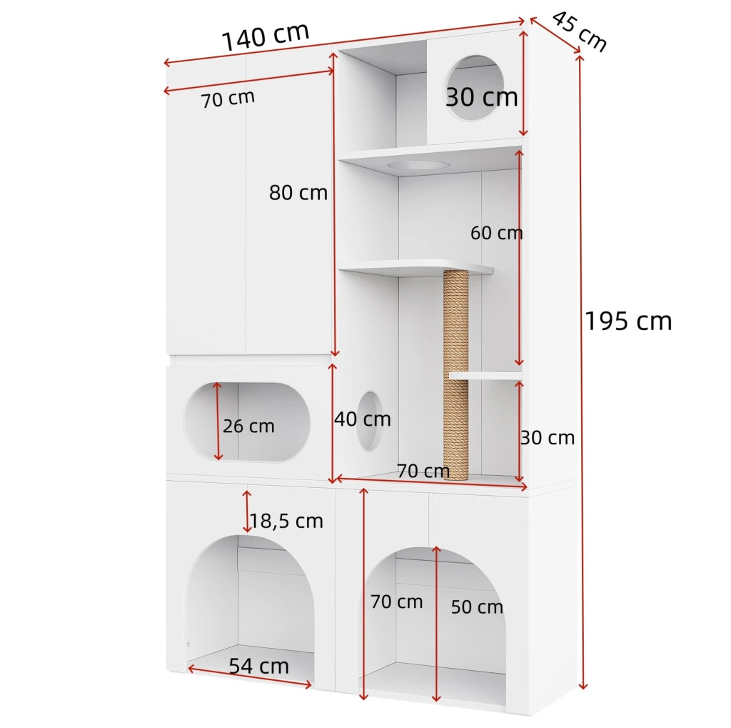 Mobile per lettiere ULEVR 140x45x195 cm per 2 lettiere, con tiragraffi in sisal e zone riposo, bianco