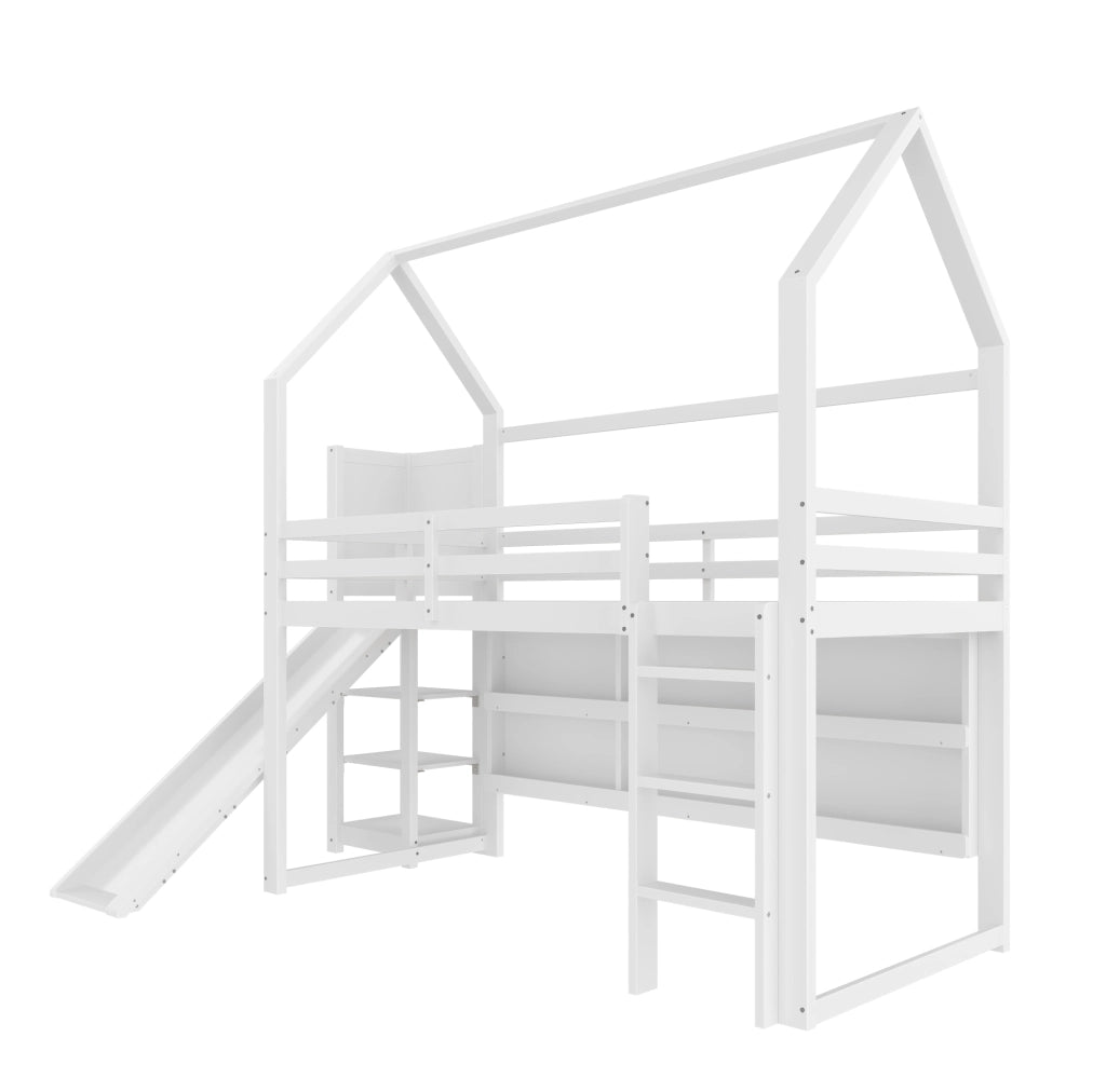 Letto a soppalco ULEVR 90x200 cm a forma di casa con scivolo, LED, ripiani e scala, bianco