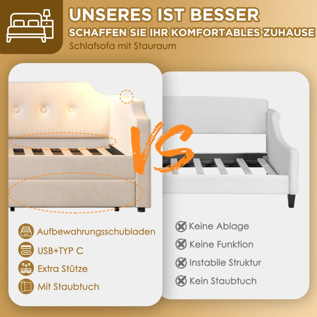 Letto con cassetti 90 × 200 cm con 2 cassetti; lampada da lettura; USB Type-C; velluto beige; rete a doghe