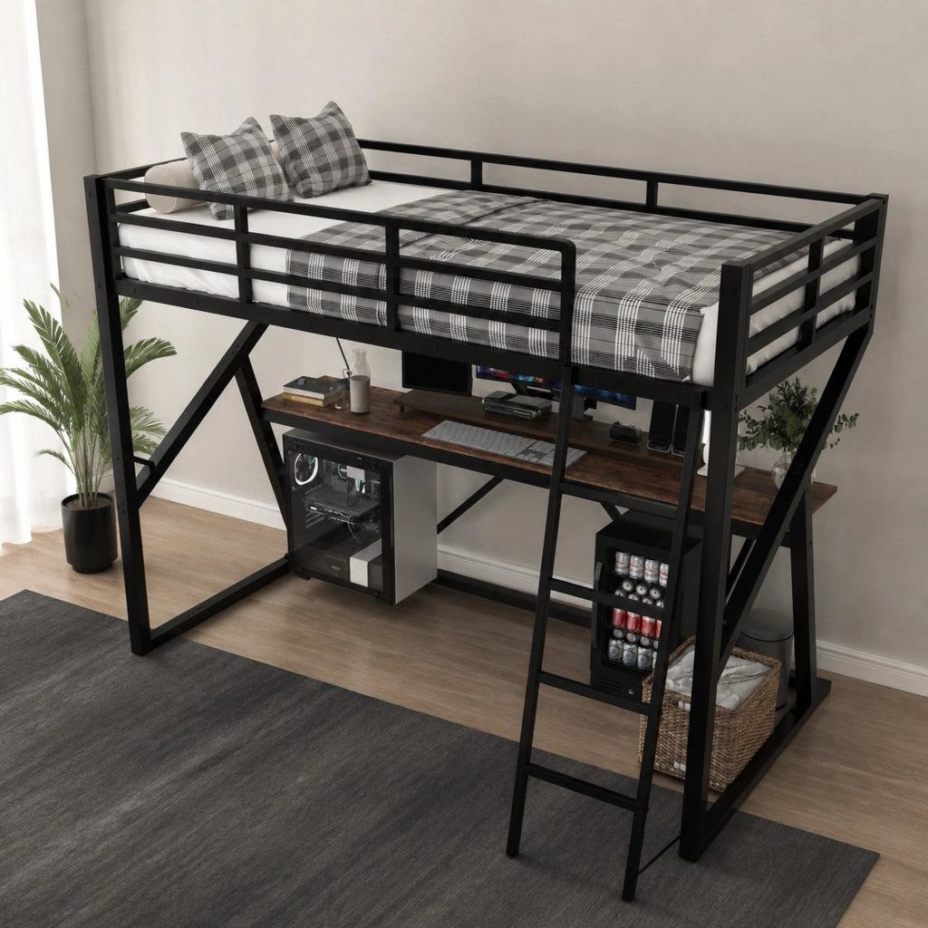 Letto a soppalco nero 90 x 200 cm con scrivania e luci LED