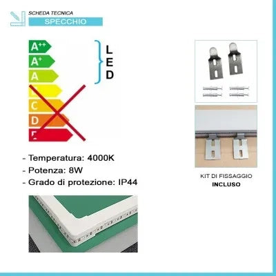 Specchio bagno 90x60 cm con fascia LED superiore bianco naturale