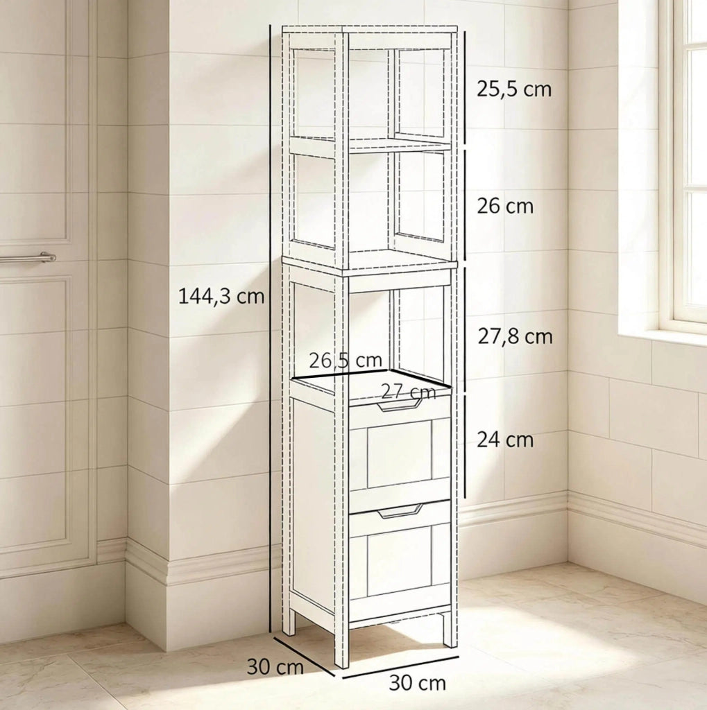Colonna alta da bagno in bambù naturale e MDF con 3 ripiani e 2 cassetti, salvaspazio