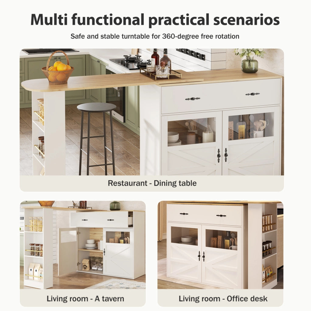 Tavolo Bar Estensibile con Ruota a 360°, MDF Bianco, 138-204×39×104 cm, Mobile Sideboard con Scaffali