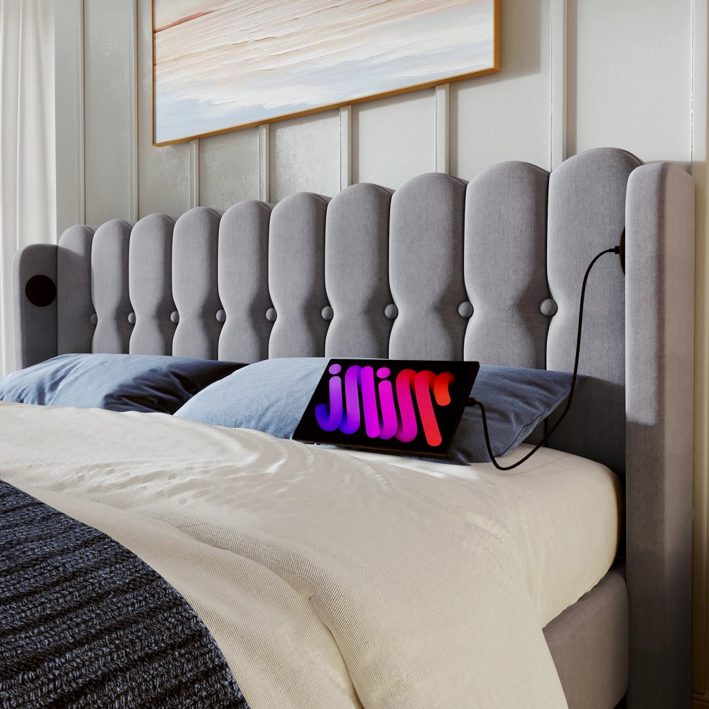 Letto Matrimoniale 160x200 cm Imbottito con USB-C; con materasso; Lino; Grigio