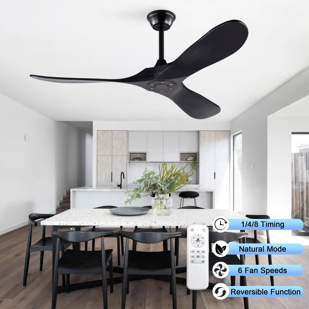 Ventilatore da soffitto nero da 52 pollici con 3 pale in legno massello Paulownia, 6 velocità regolabili con telecomando