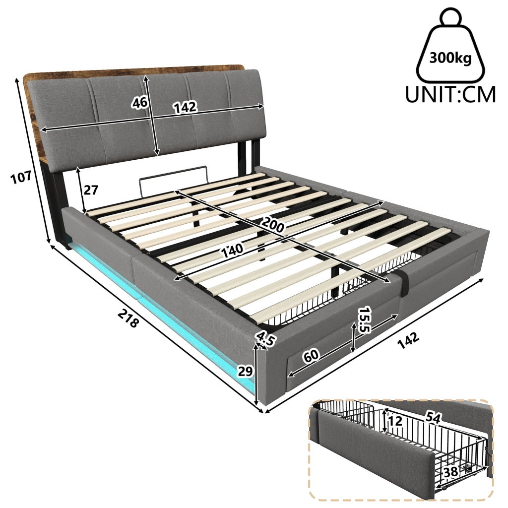 Letto contenitore 140 × 200 cm con vano idraulico cassetti laterali testiera imbottita USB Type-C LED grigio in lino