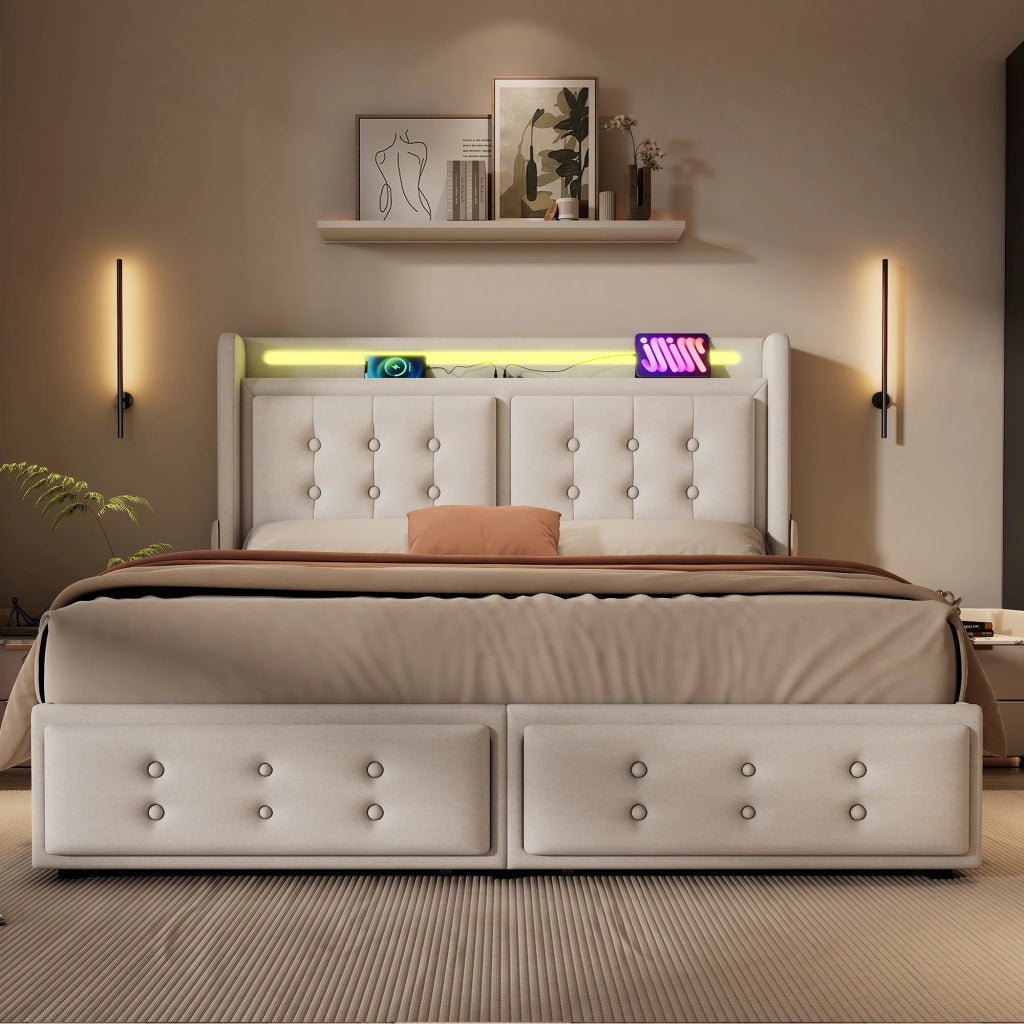 DESMIU Lit Coffre 140 × 200 cm 2 Posti con LED, USB, Type-C e 4 Cassetti, Materasso Incluso, Beige