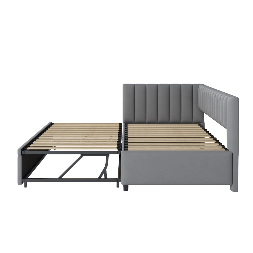 Divano letto 90 × 200 cm con letto estraibile a L rivestito in velluto grigio con schienale e testiera