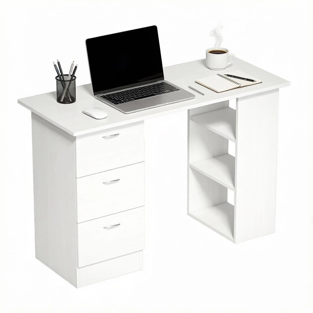 Scrivania dritta con 3 cassetti e 3 ripiani aperti in MDF bianco configurabili su entrambi i lati 120 × 49 × 72 cm