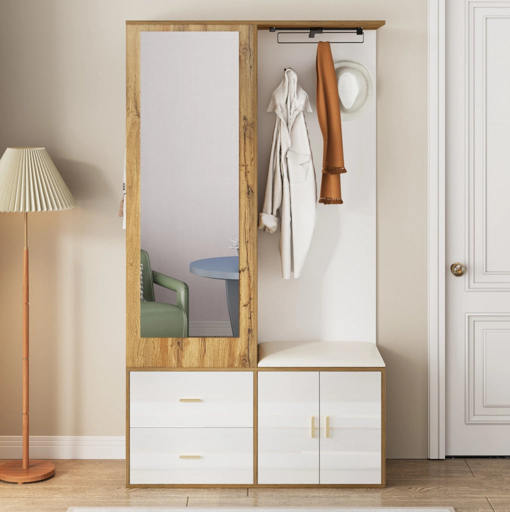 Set Appendiabiti Bianco e Legno con Specchio, Panca Scarpe e Grucce Estraibili, 100x38x180 cm