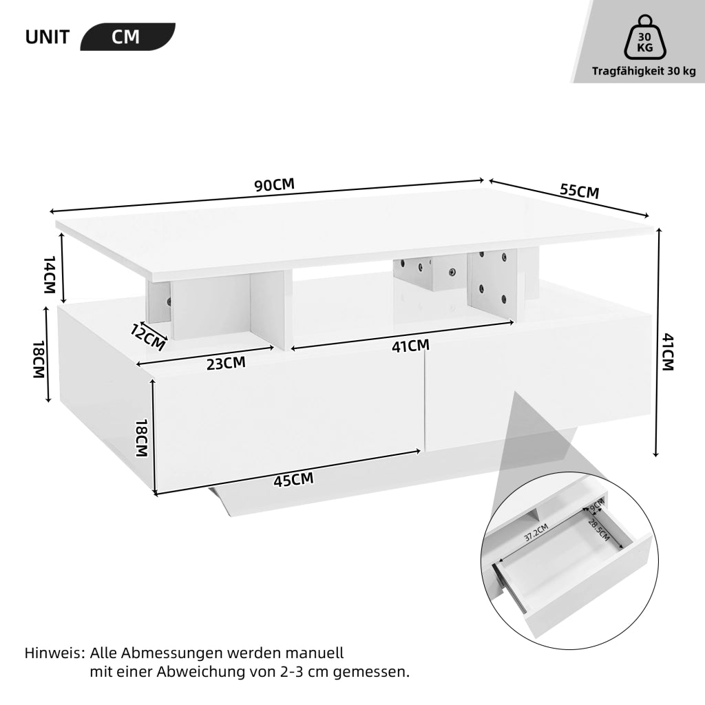 Tavolino da salotto bianco con illuminazione LED 90 x 55 x 41 cm in pannello truciolare con 2 cassetti