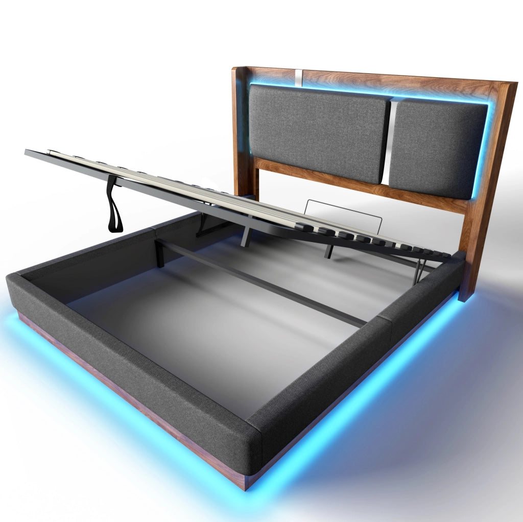 Letto imbottito 140x200 cm con LED e contenitore idraulico, grigio e noce