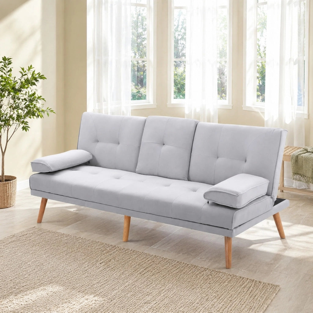 Divano letto a 3 posti con schienale regolabile e tavolino centrale in poliestere grigio chiaro 181 × 77 × 72 cm